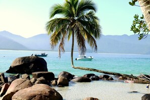A beach with large rocks, a palm tree, and boats in the water. - Pousada dos Contos (Paraty)