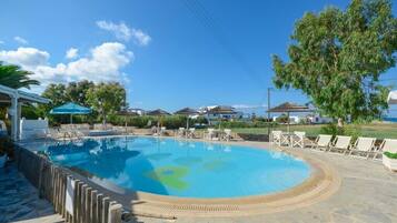 Seasonal outdoor pool, pool umbrellas, pool loungers