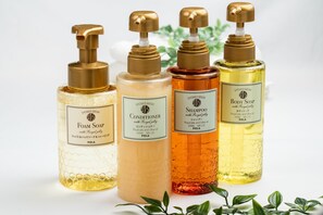 Douche, articles de toilette gratuits, sèche-cheveux, chaussons