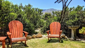 Two wooden Adirondack chairs facing a mountainous landscape, surrounded by dense greenery and a bird bath. - Silverdunes Holiday Accommodation (Betty's Bay)