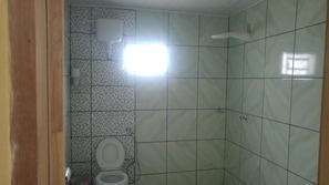 Shower, towels, soap, toilet paper