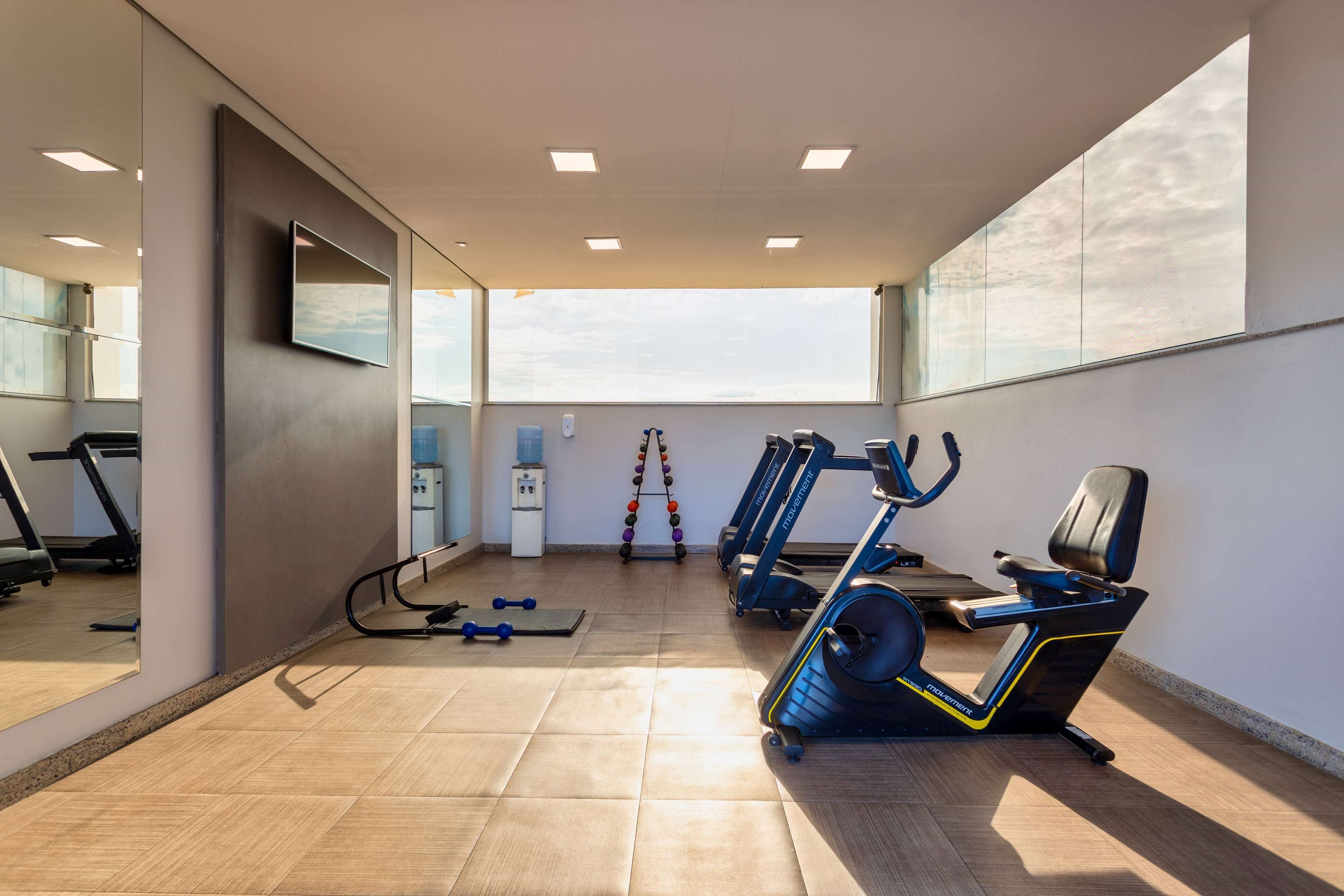 A modern gym with exercise equipment, a treadmill, and a mirrored wall.