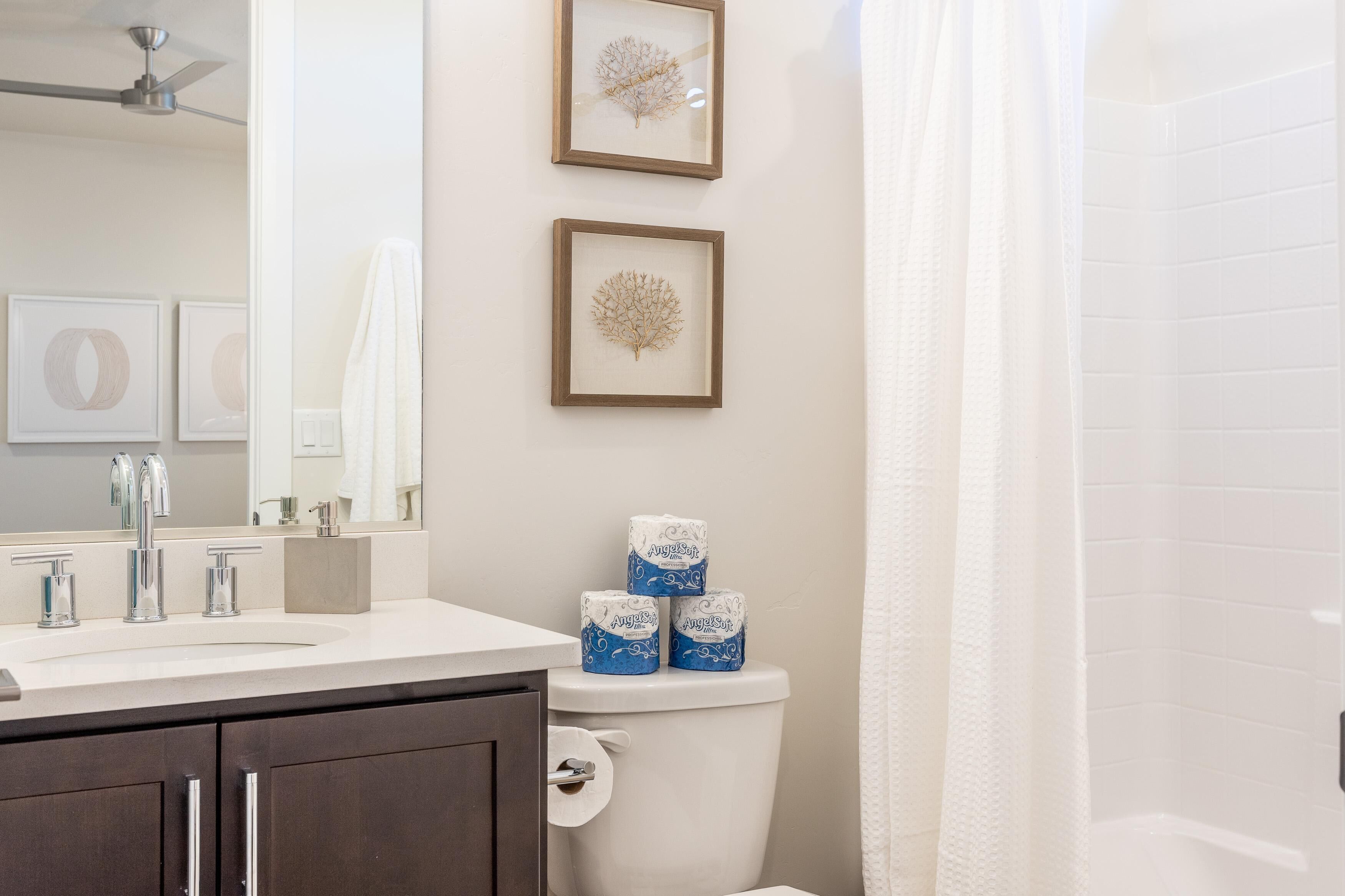 A bathroom with a toilet, sink, and framed artwork on the wall.