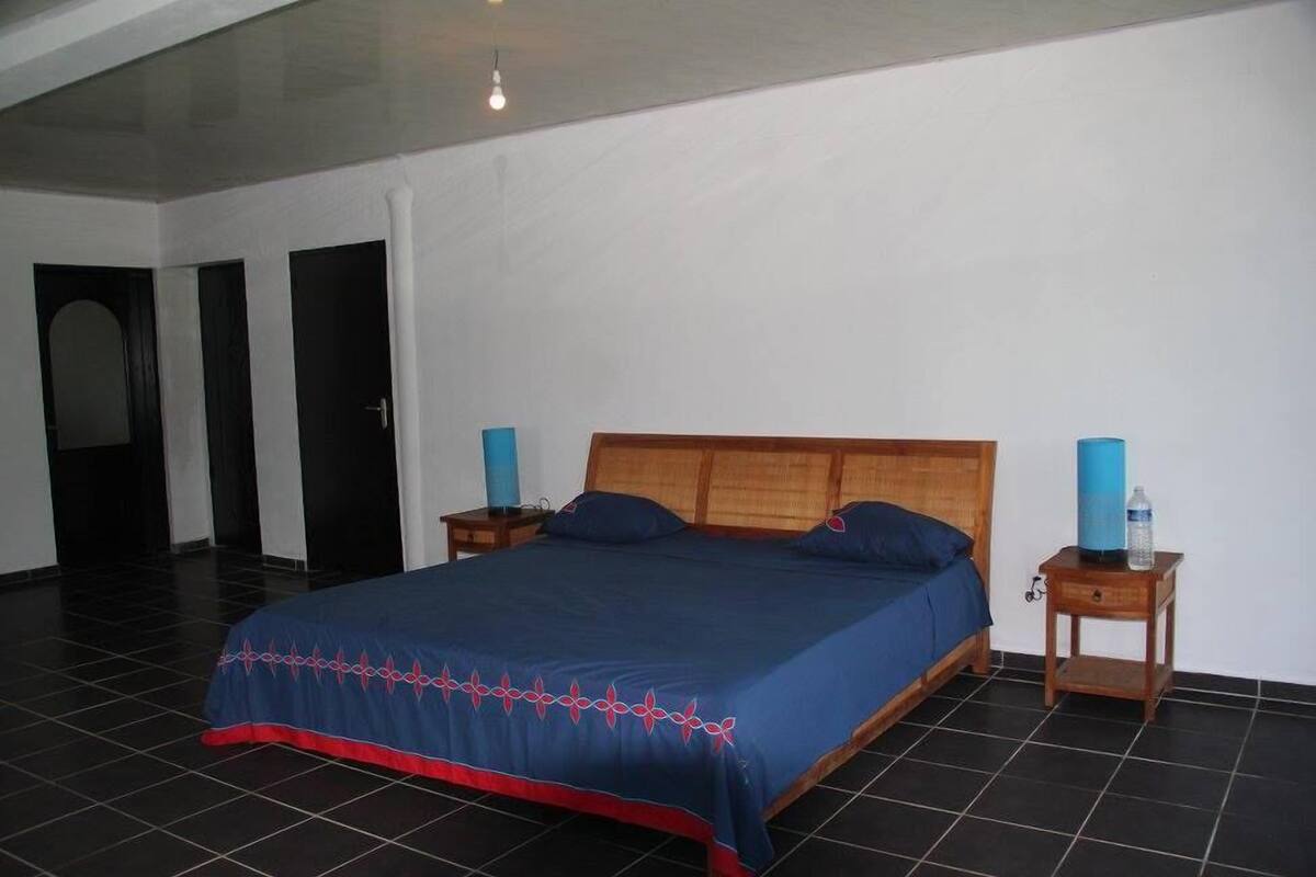 Een slaapkamer met een groot bed, twee nachtkastjes en een houten hoofdbord.