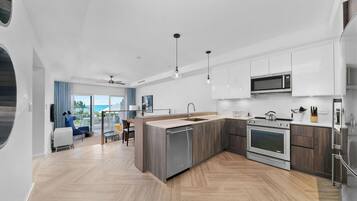 Fridge, microwave, dishwasher