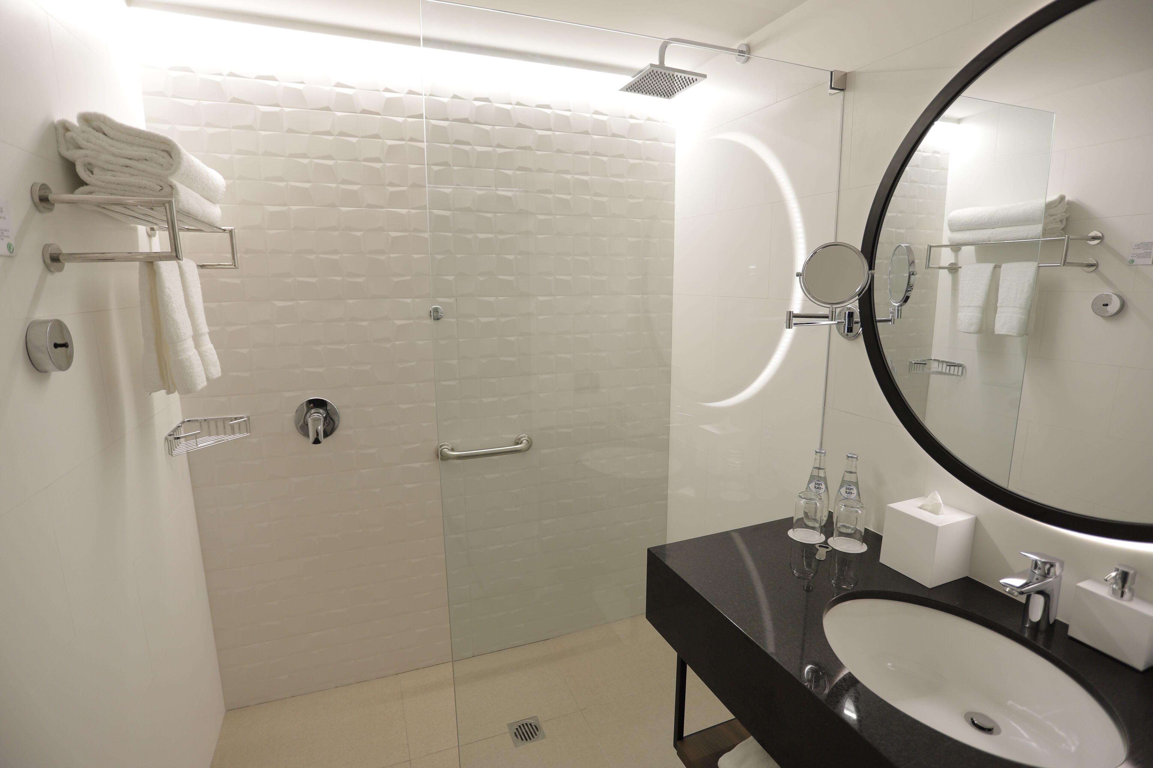 shower, rainfall showerhead, hair dryer, bathrobes