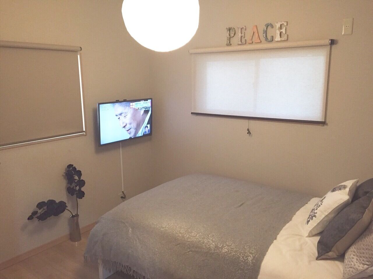 A bedroom with a bed, a television mounted on the wall, a window with a 'PEACE' sign, and a small plant on the floor.