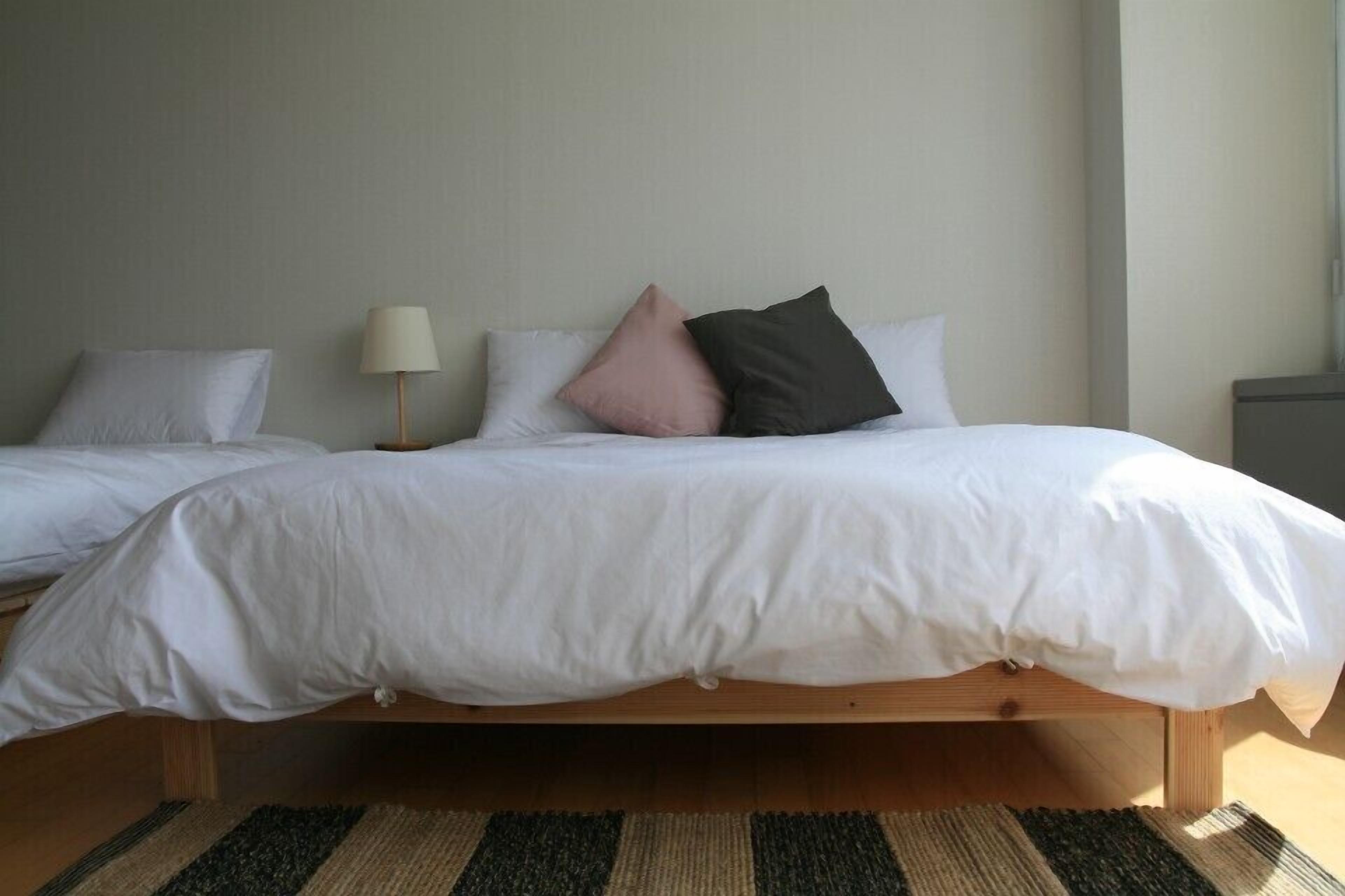 A double bed with white bedding, a bedside lamp, and a dark-colored pillow.
