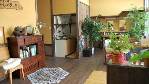 Una habitación tradicional japonesa con suelo de tatami, un armario de madera con libros, una pequeña cocina y varias plantas en macetas.