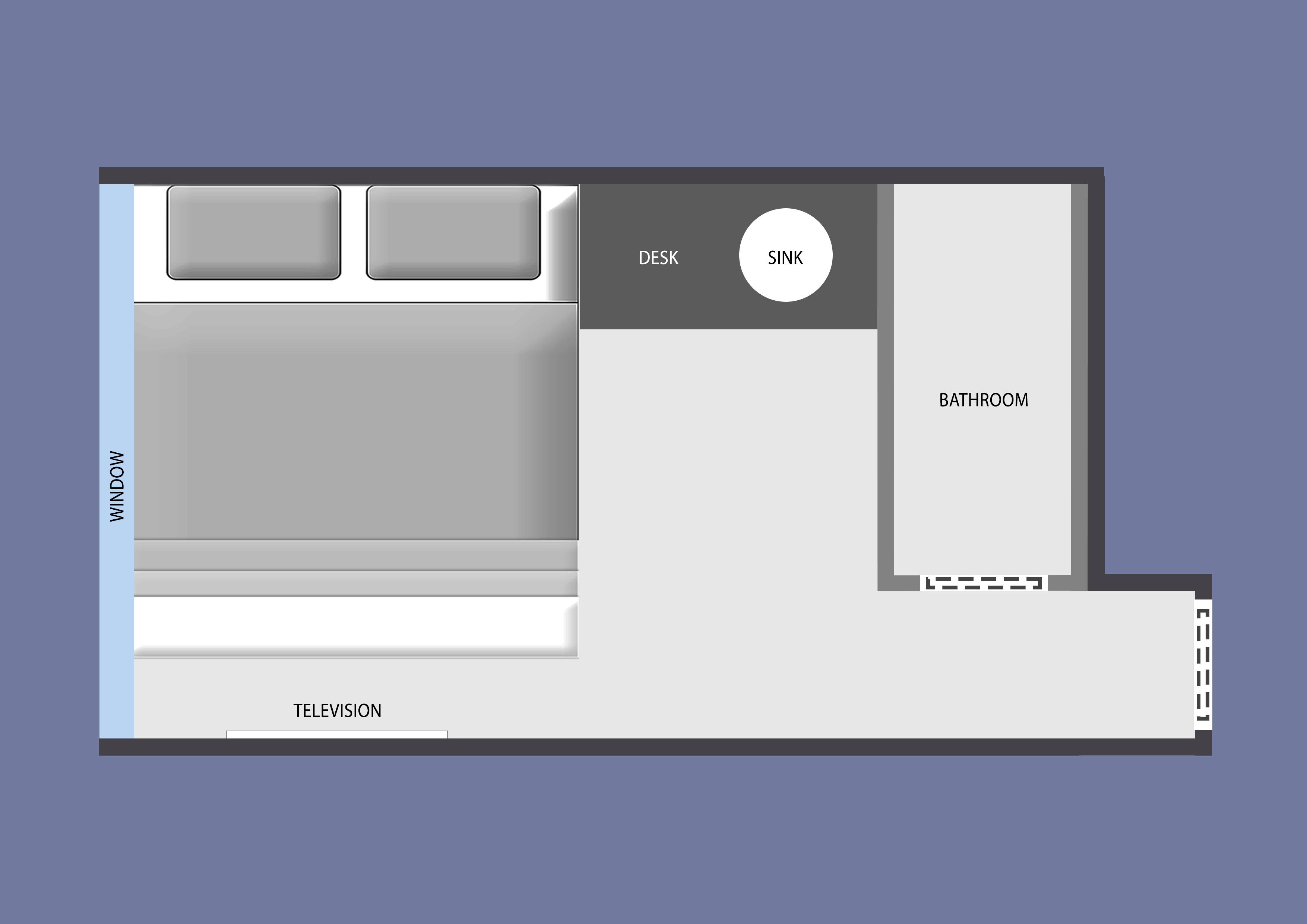 Un plan d’étage comprenant un espace pour la télévision, un bureau, un lavabo et une salle de bain.