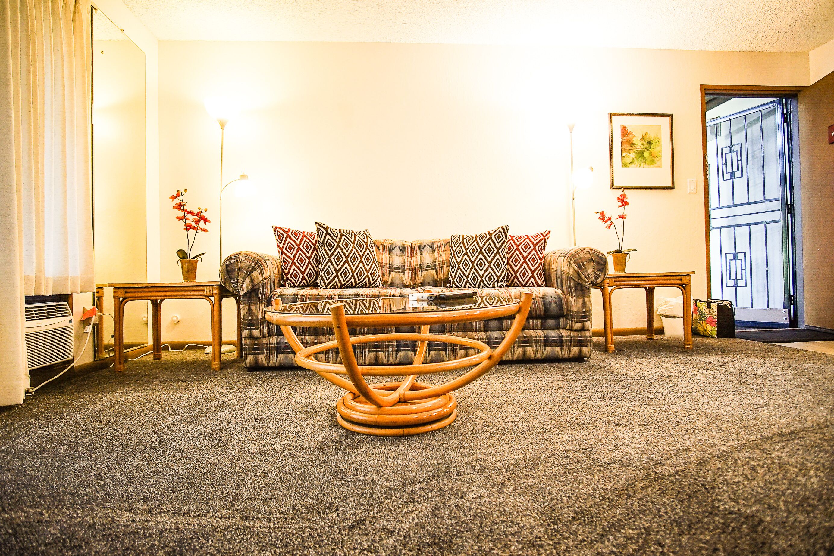 Ein Wohnzimmer mit einer Couch, gemusterten Kissen, einem Couchtisch, einem Korbstuhl, zwei Beistelltischen, einer Topfpflanze und einer Tür mit geometrischem Muster.