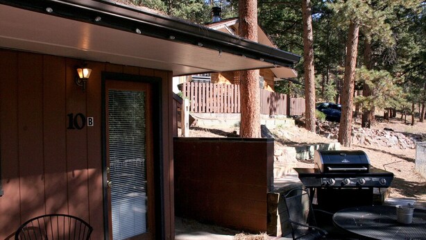 A wooden cabin with a patio area, a grill, and a dining table with chairs.