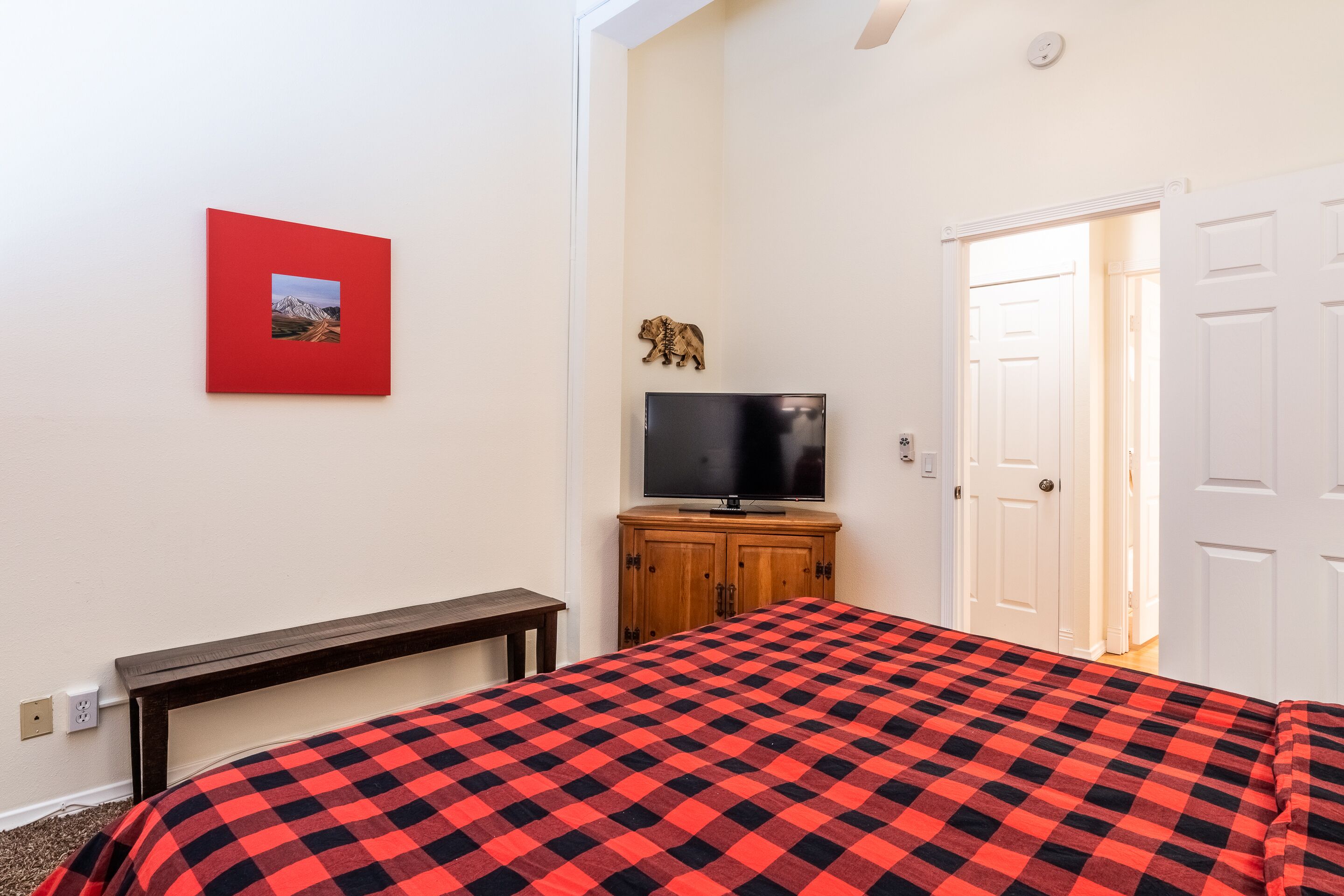 A bedroom with a checkered bedspread, a television on a wooden cabinet, a small red picture on the wall, and a white door.