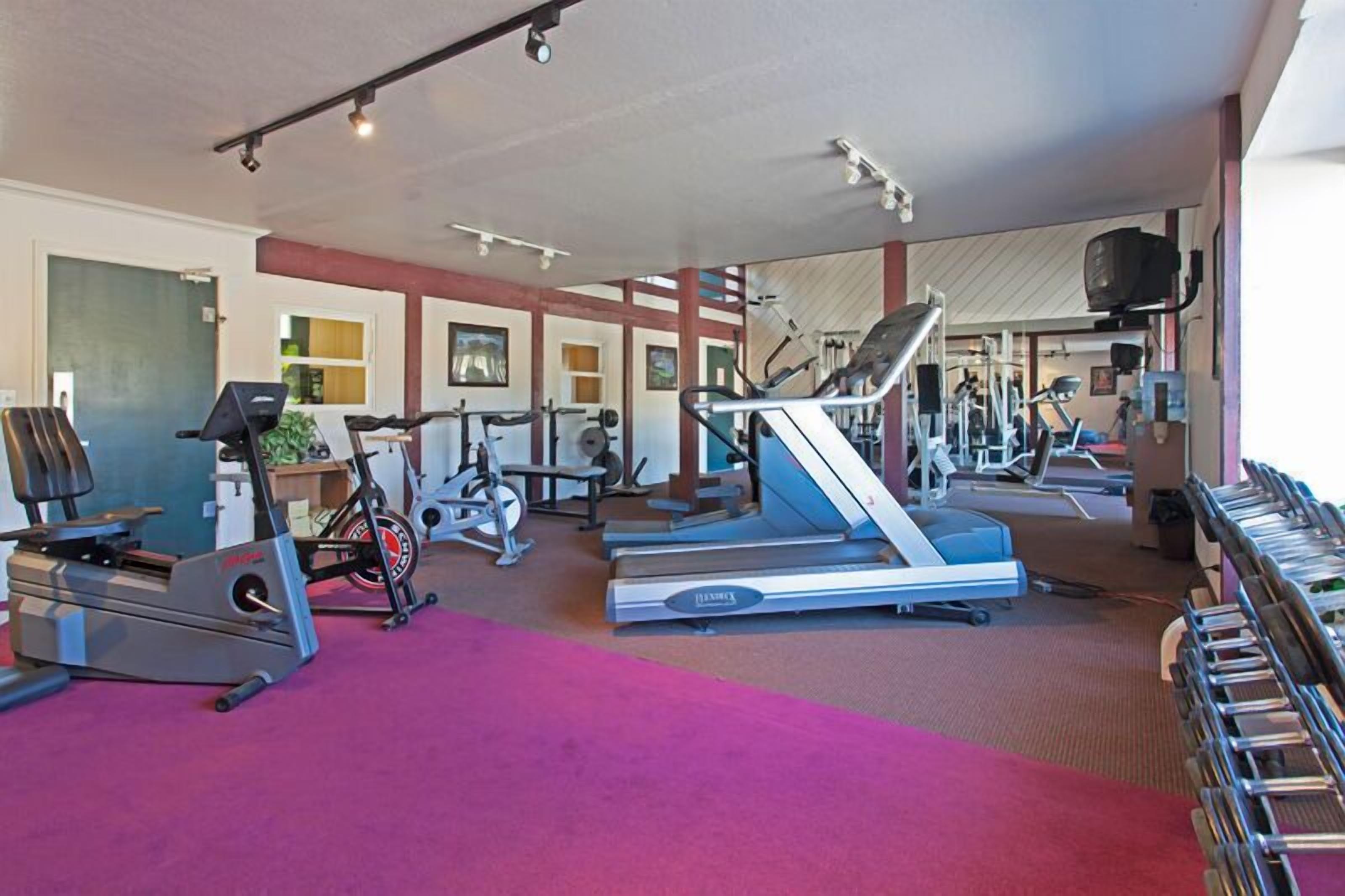 A gym with various cardio machines, including treadmills and stationary bikes, and a mirrored wall.