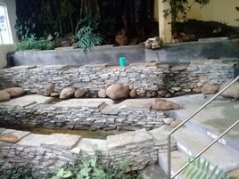 Una escalera de piedra con un elemento acuático al final.