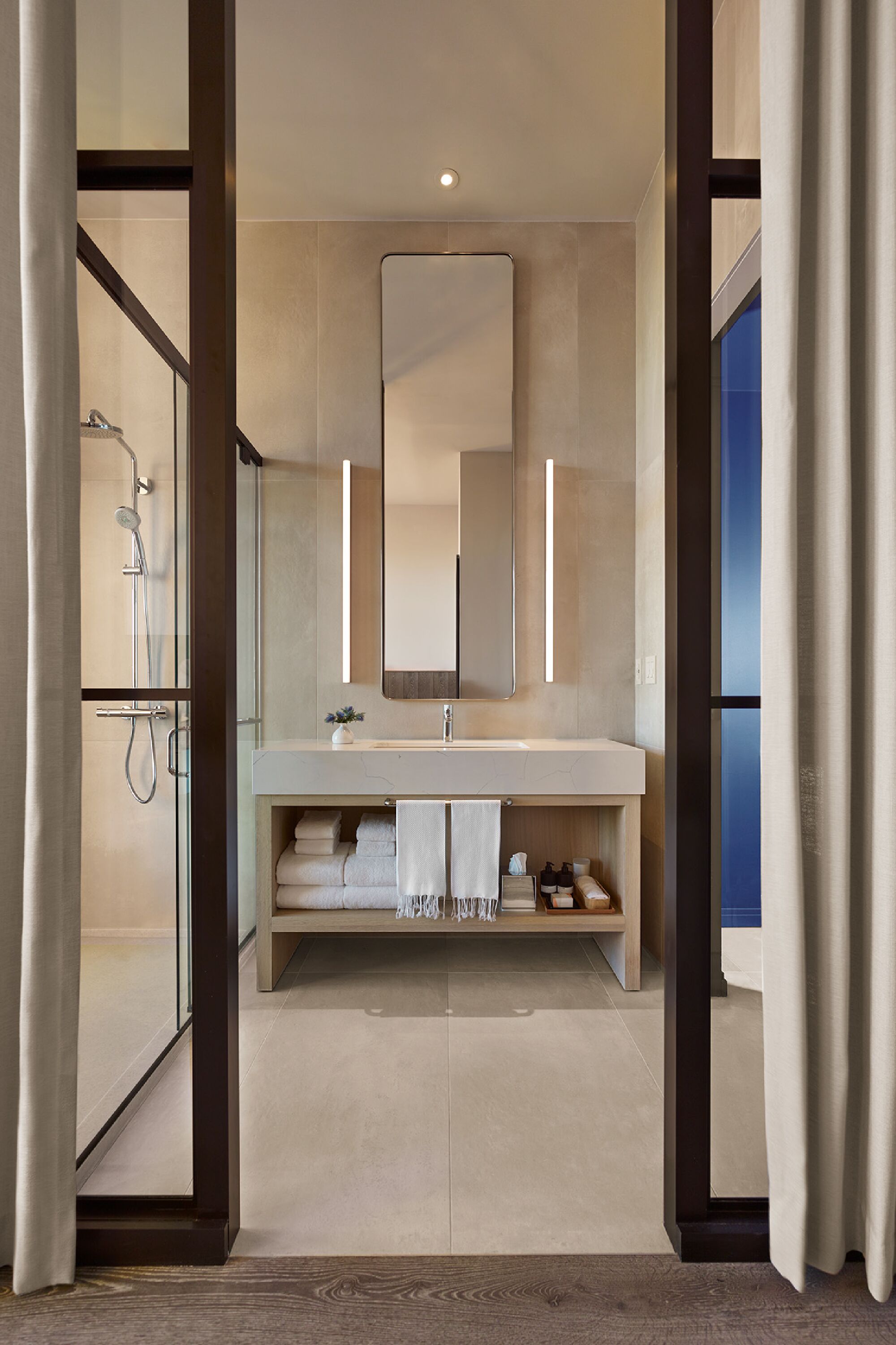 shower, rainfall showerhead, designer toiletries, hair dryer