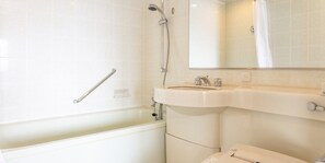 Separate tub and shower, deep soaking tub, free toiletries, hair dryer