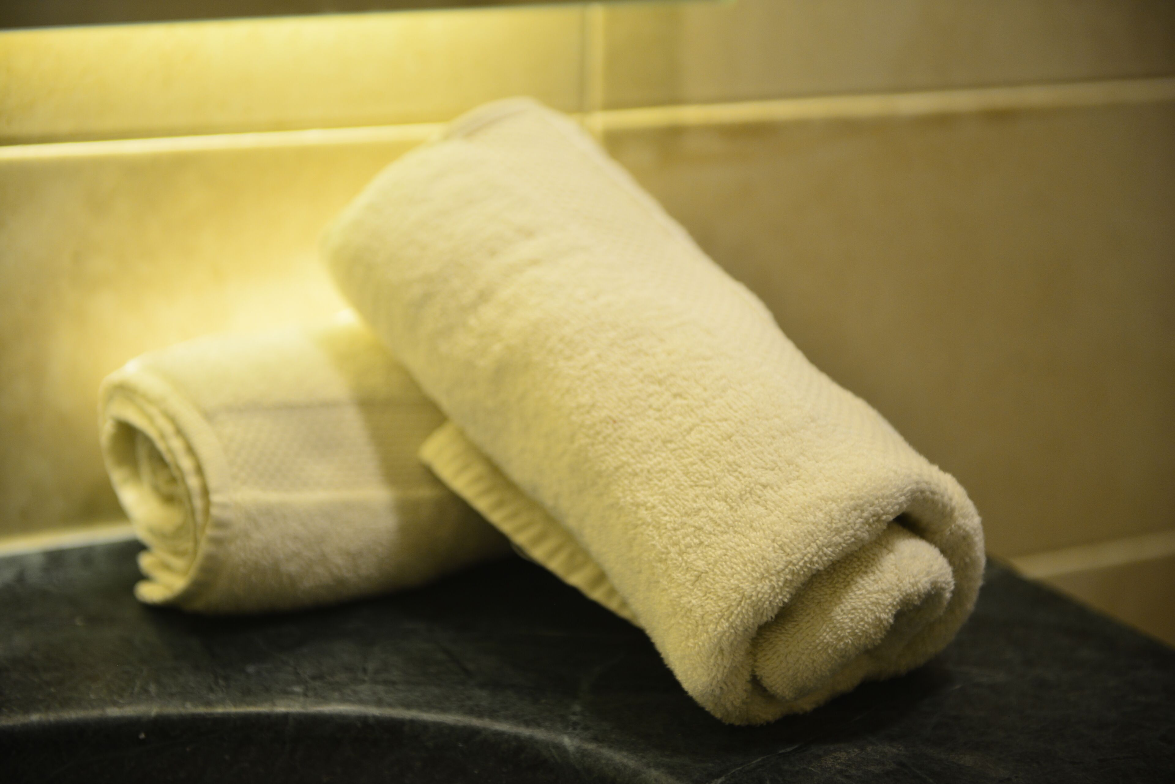 rainfall showerhead, hair dryer, bathrobes, slippers