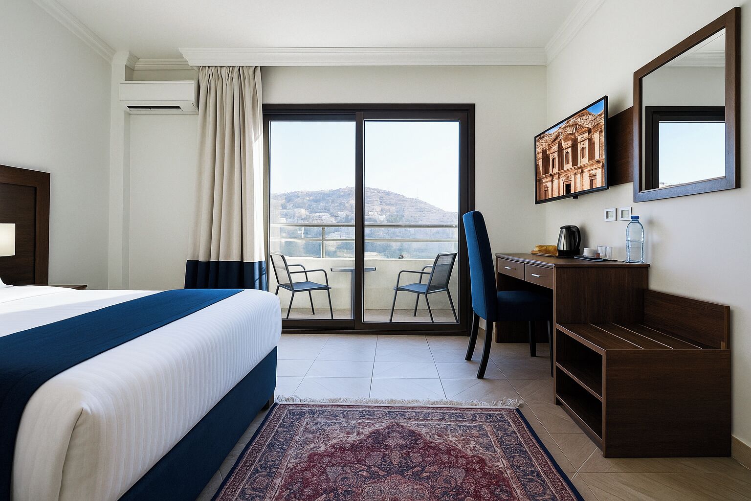 A hotel room with a bed, a desk, a chair, a balcony with a view, and a large mirror.