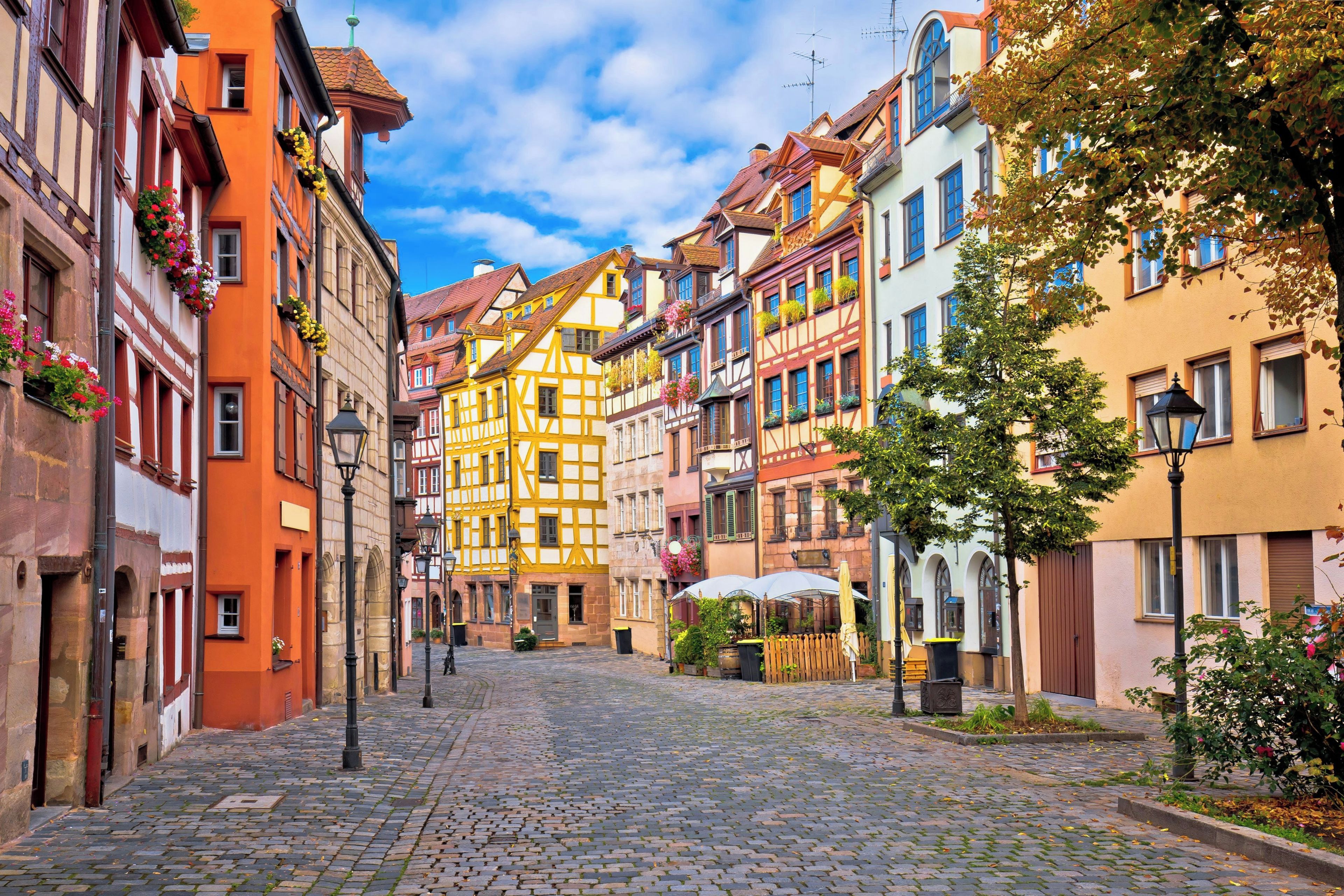 A cobblestone street lined with colorful half-timbered buildings, a clear sky, and a few trees.