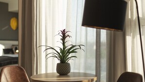 Una mesa redonda con una planta en maceta, una lámpara y una silla en una habitación con ventana y cortinas.