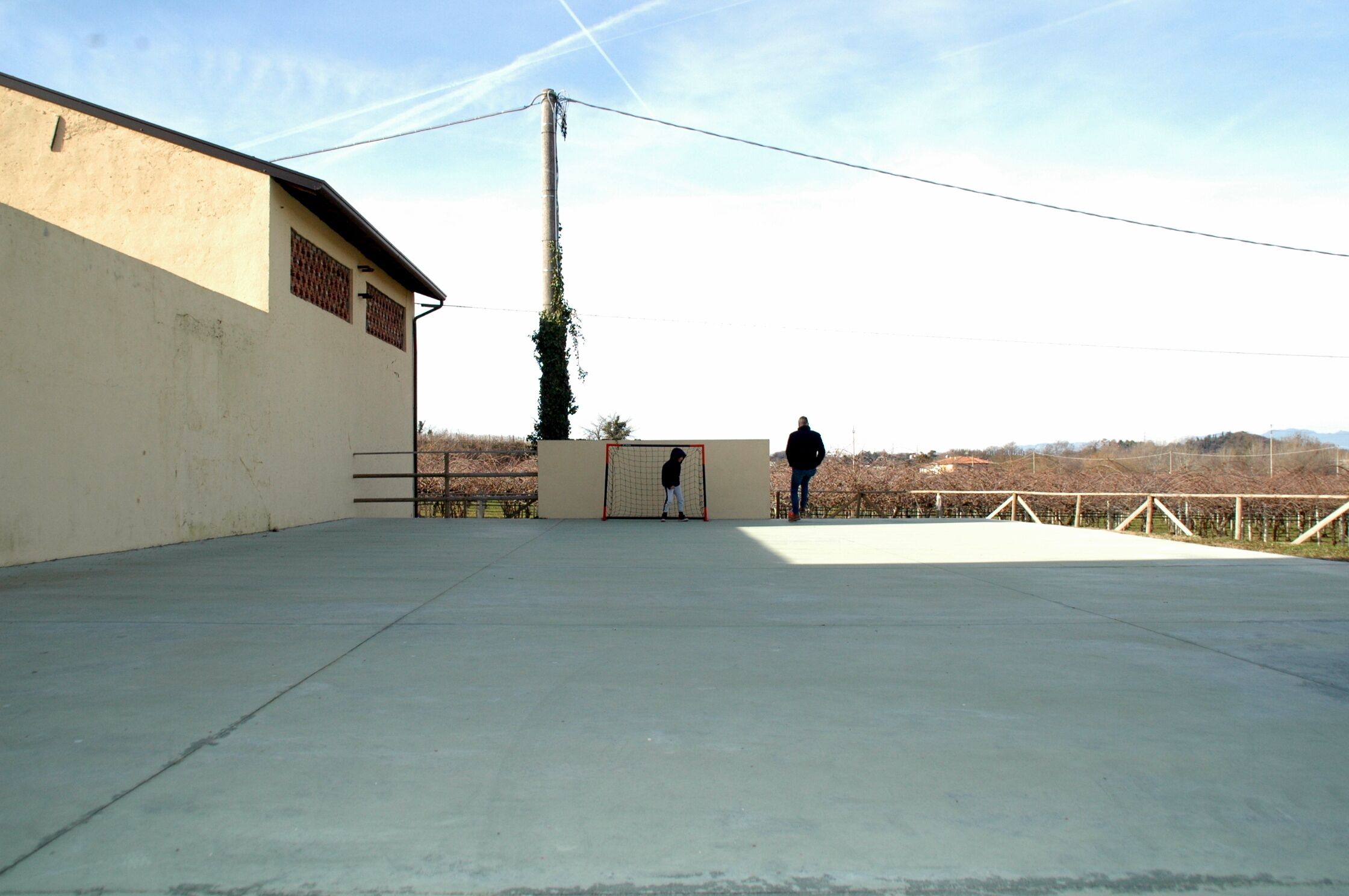 A concrete sports field with a goalpost and a tall pole with vines.