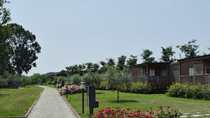 Un chemin de gravier mène à une rangée de maisons mobiles, de part et d’autre de laquelle s’étendent une pelouse et des parterres de fleurs.