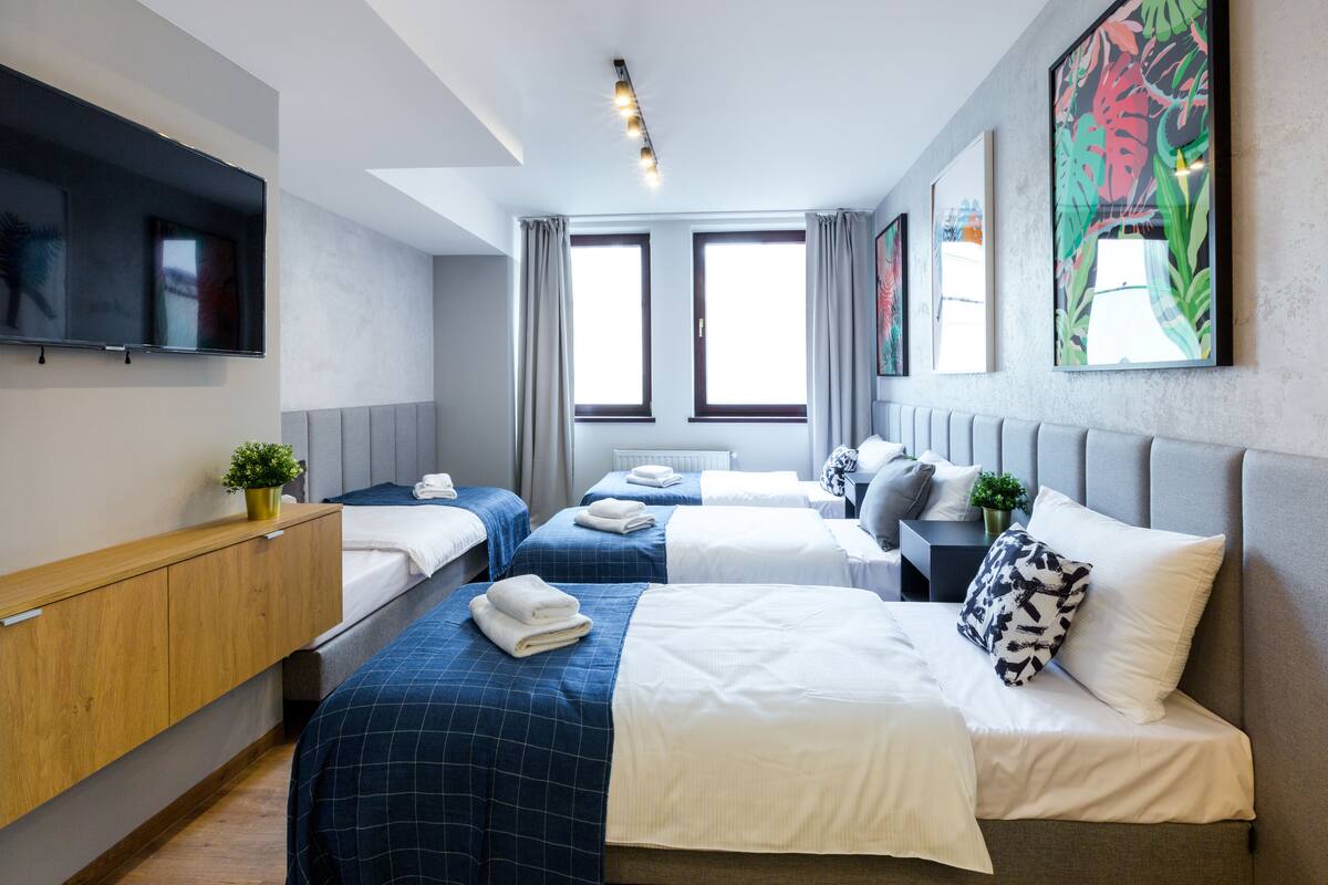 A hotel room with two beds, a TV, a window, and a plant.