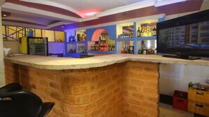 Zona de bar con mostrador de ladrillo, estantes llenos de botellas y un televisor.