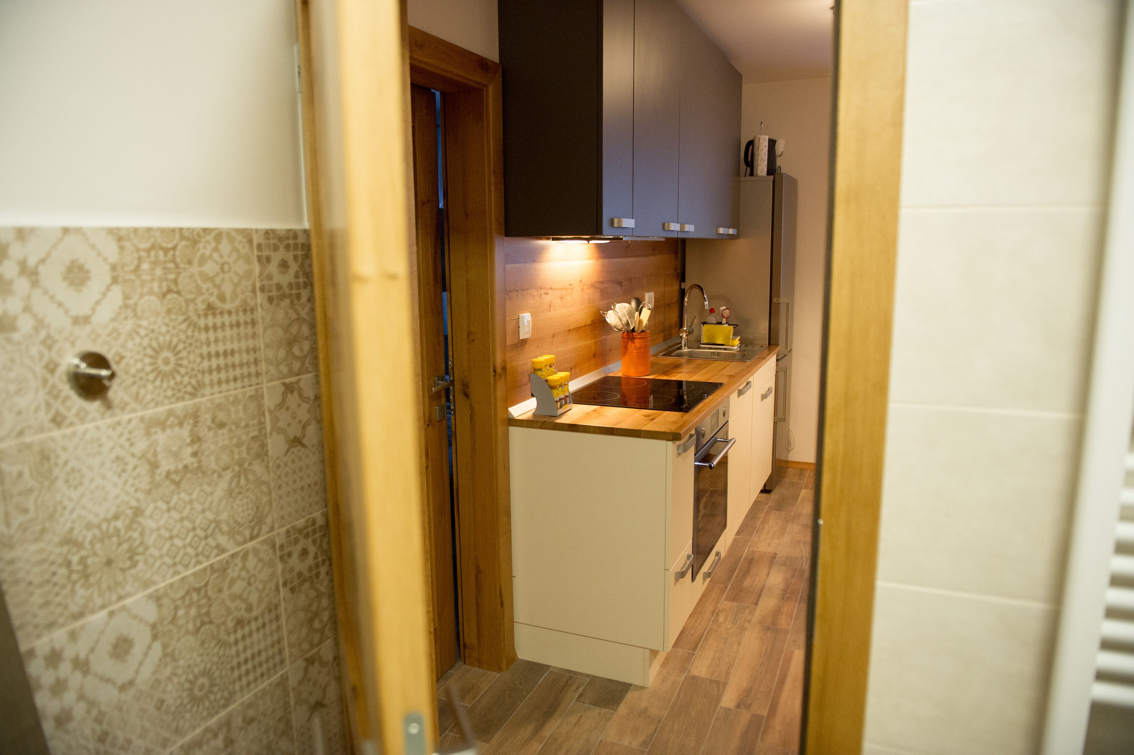 อพาร์ทเมนท์สำหรับครอบครัว, ชั้นล่าง | ครัวส่วนตัว | ตู้เย็นขนาดใหญ่, เตาอบ, เตาประกอบอาหาร, เครื่องล้างจาน