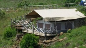 A tent with a wooden deck and a metal railing, surrounded by natural vegetation. - Ruma River Lodge (Ndhiwa)