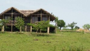 A rustic wooden house with a thatched roof, surrounded by a grassy field and sparse trees. - Ruma River Lodge (Ndhiwa)