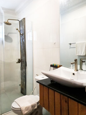 Shower, free toiletries, towels, soap