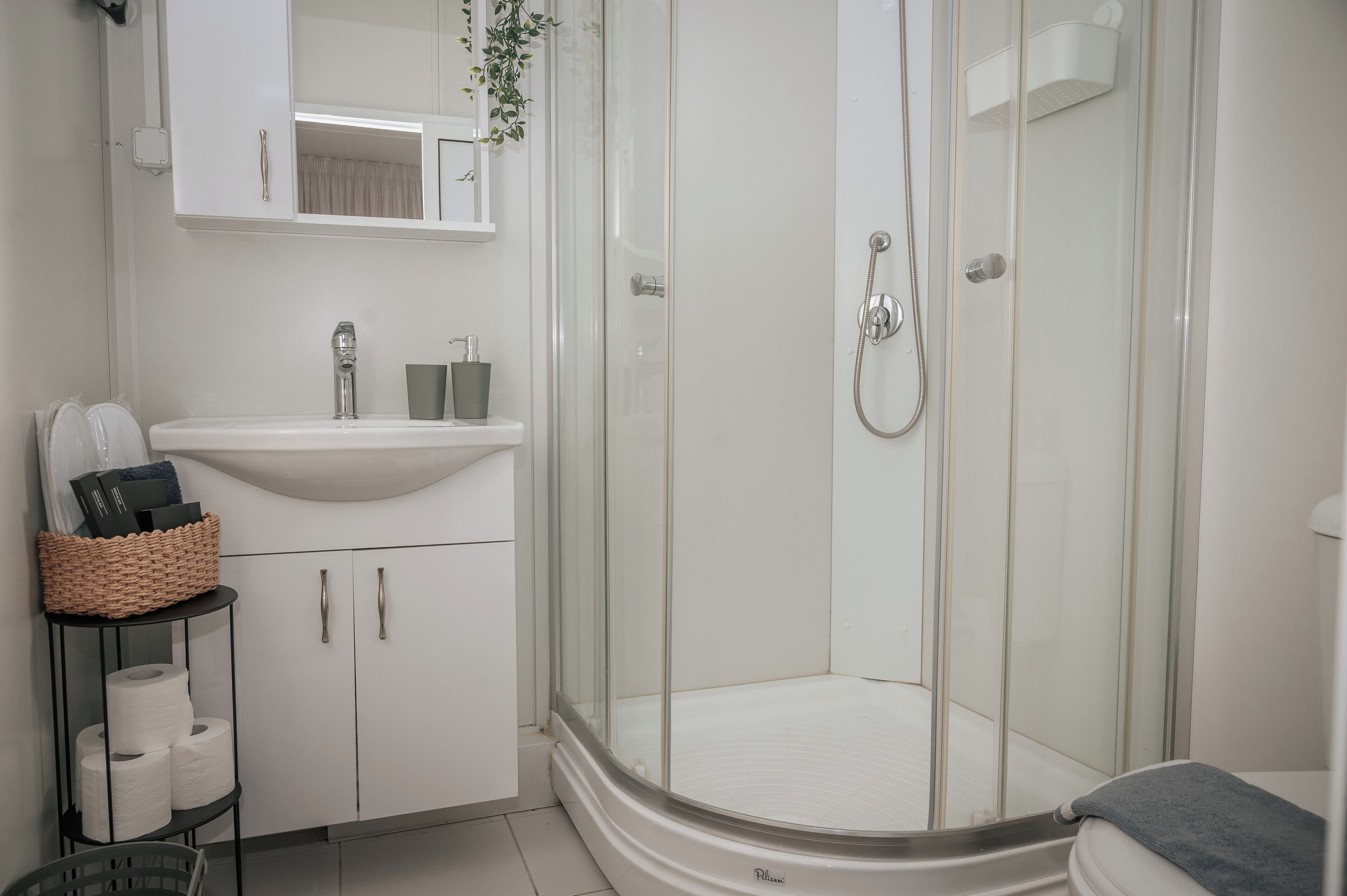 A modern bathroom with a glass-enclosed shower, a white sink with a mirror above it, and a small shelf with toiletries.