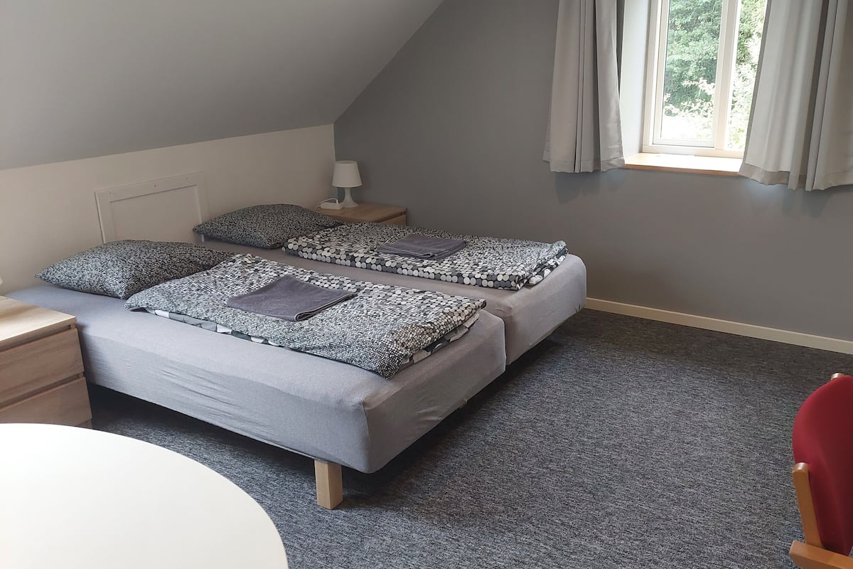 A bedroom with two beds, a desk, a chair, and a window with curtains.