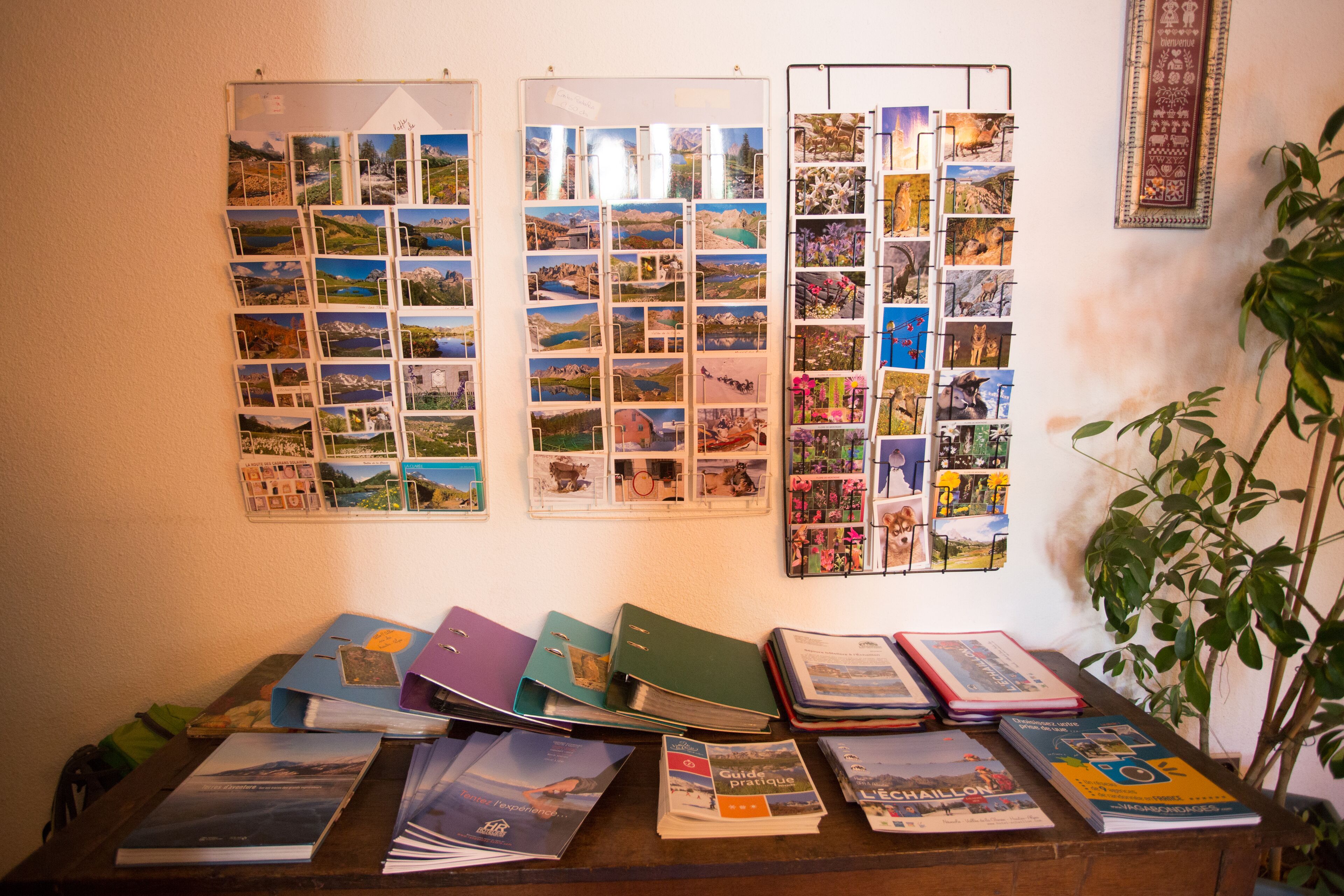 Eine Wand mit mehreren Fotoalben und ein Holztisch mit Büchern und Ordnern.