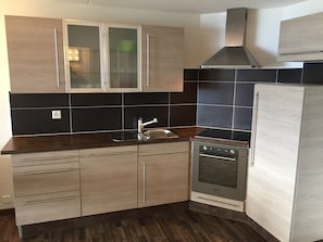 Luxury Apartment | Private kitchen | Full-sized fridge, microwave, oven, stovetop