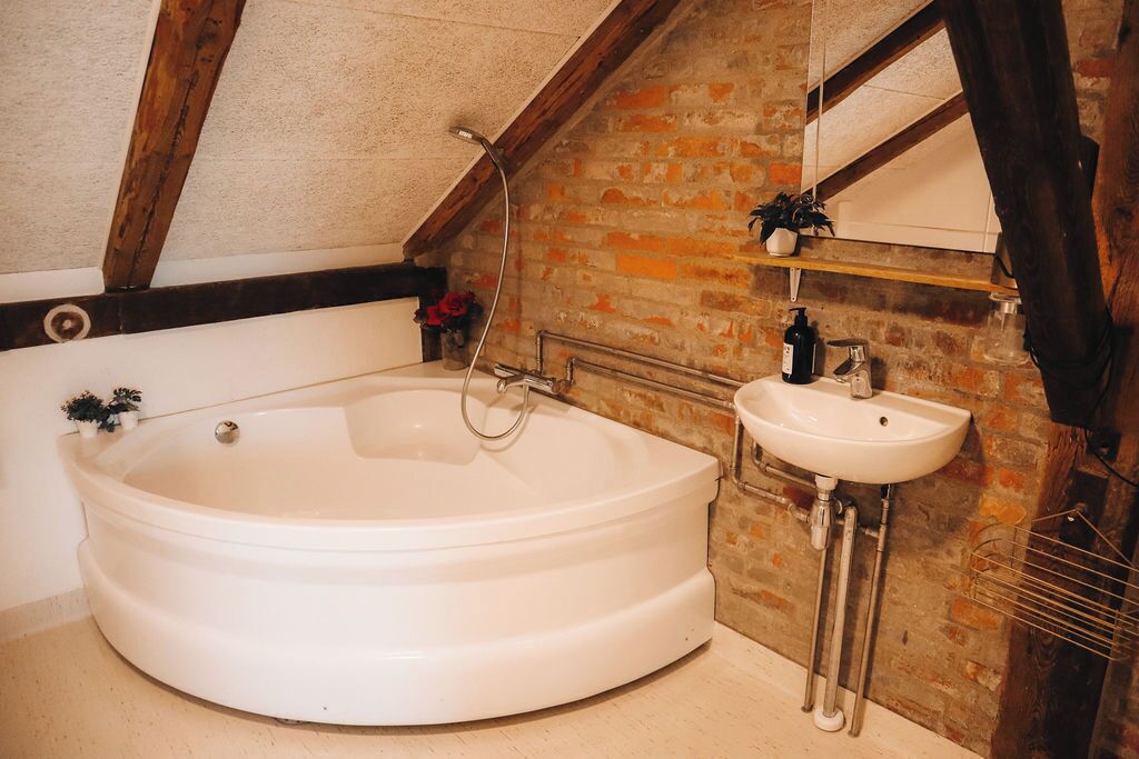 Un baño con una bañera grande, un lavabo y una ducha.
