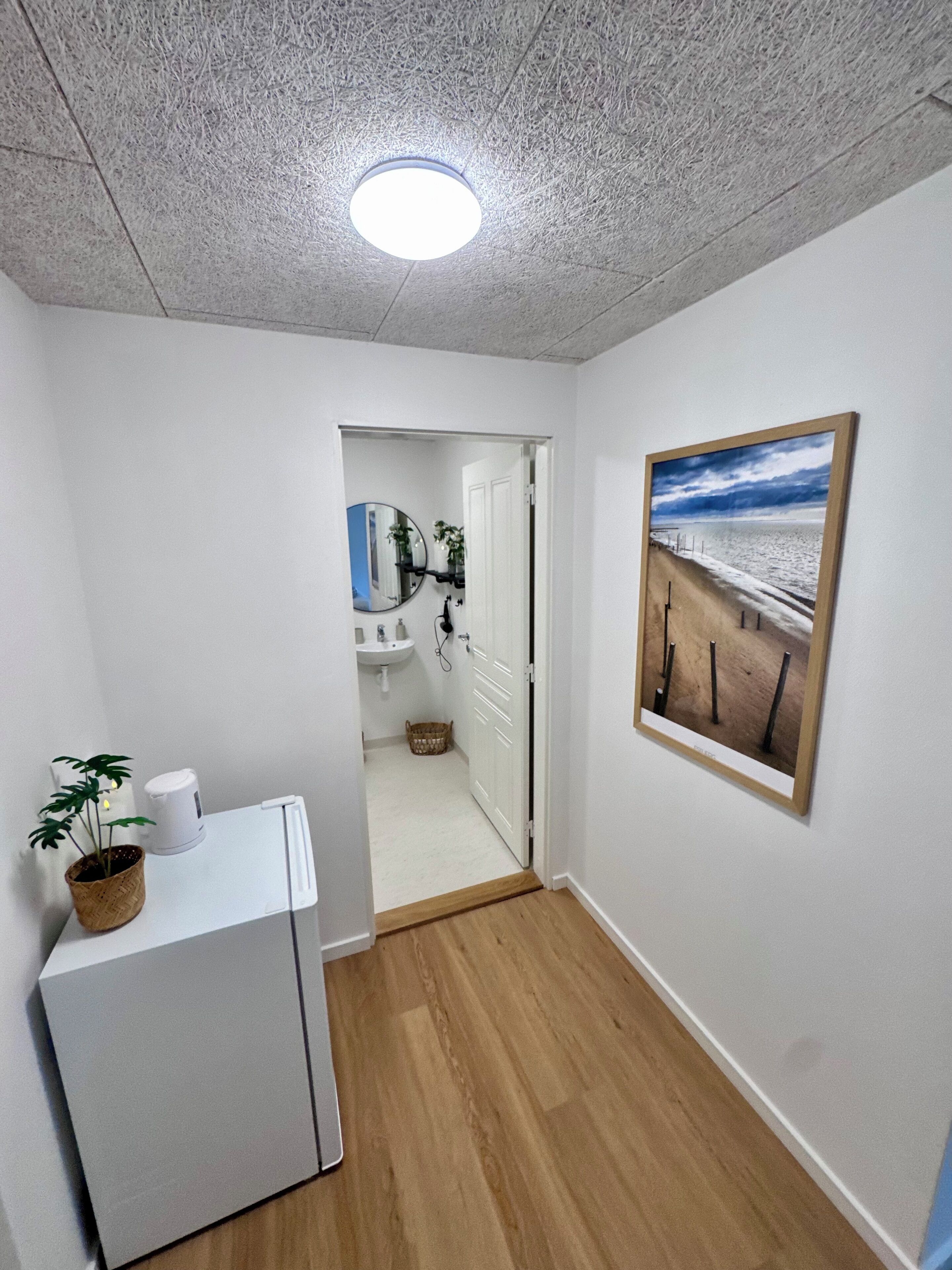 Un pasillo con un refrigerador blanco, piso de madera, un cuadro enmarcado en la pared y un acceso a un baño.
