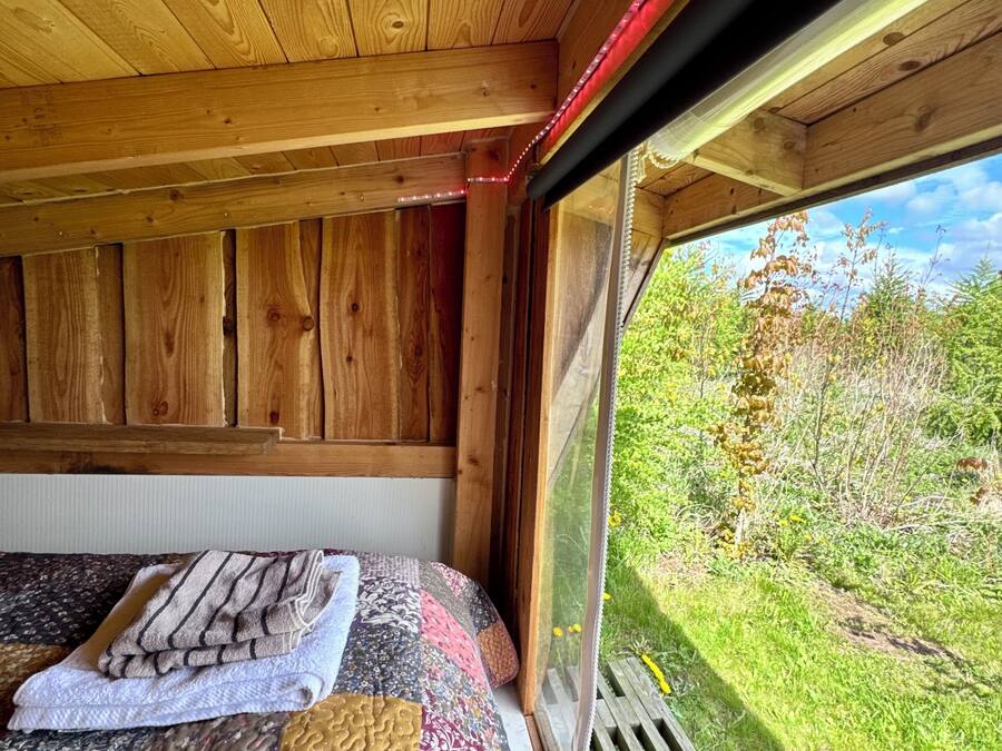 A wooden cabin interior with a bed, a window, and a view of greenery outside.