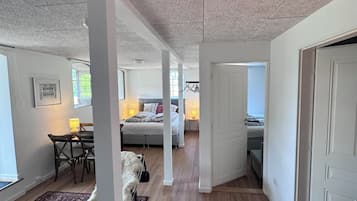 Um interior moderno com um corredor que leva a quartos, uma sala de jantar e uma sala de estar com sofá e tapete.