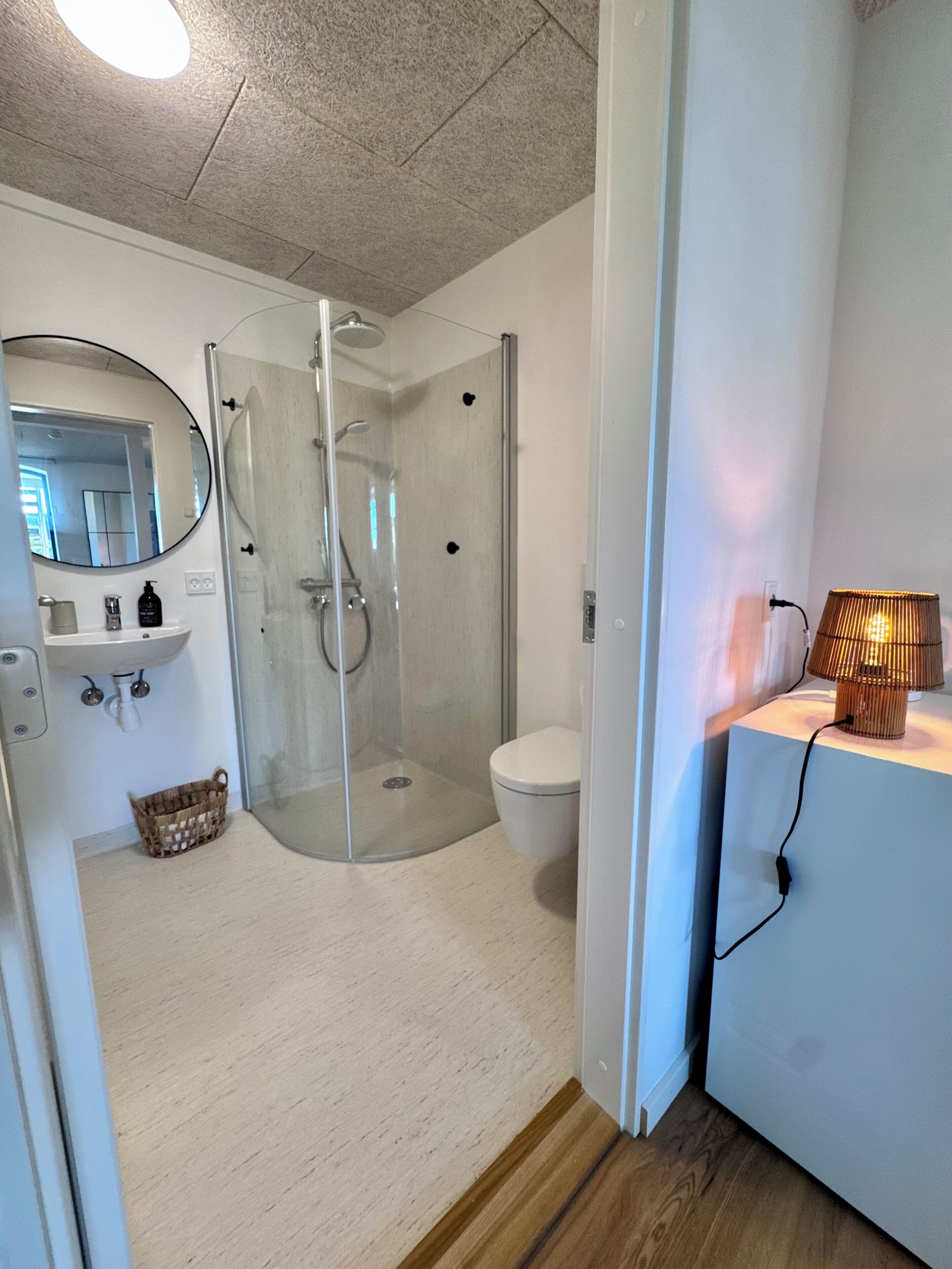 A bathroom with a glass-enclosed shower, a toilet, a sink, and a mirror.