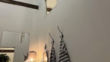Quarto com um espelho grande, planta em vaso, luminária e toalhas listradas penduradas em ganchos.
