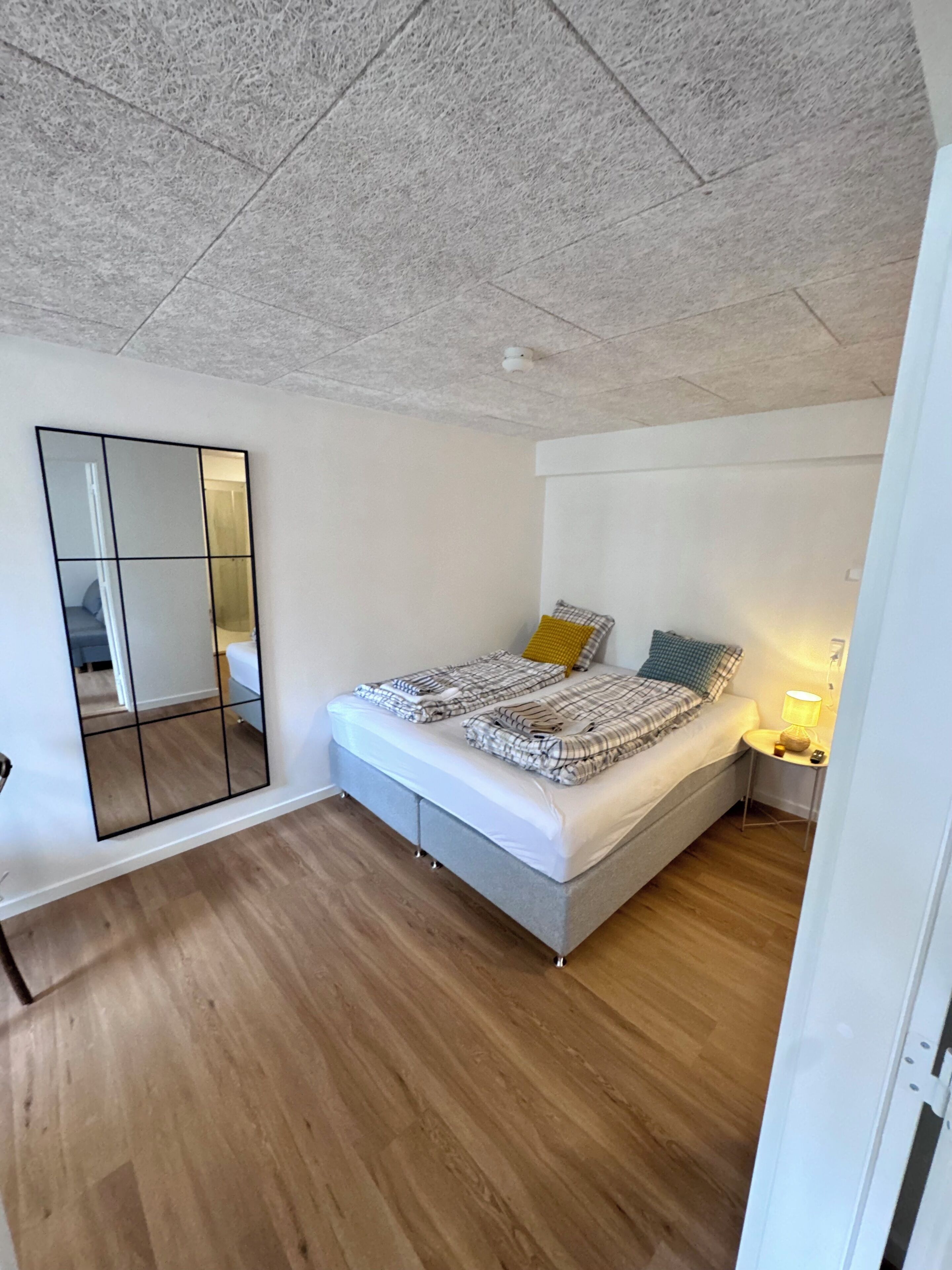 A bedroom with a bed, a mirror, a nightstand, and a ceiling light.