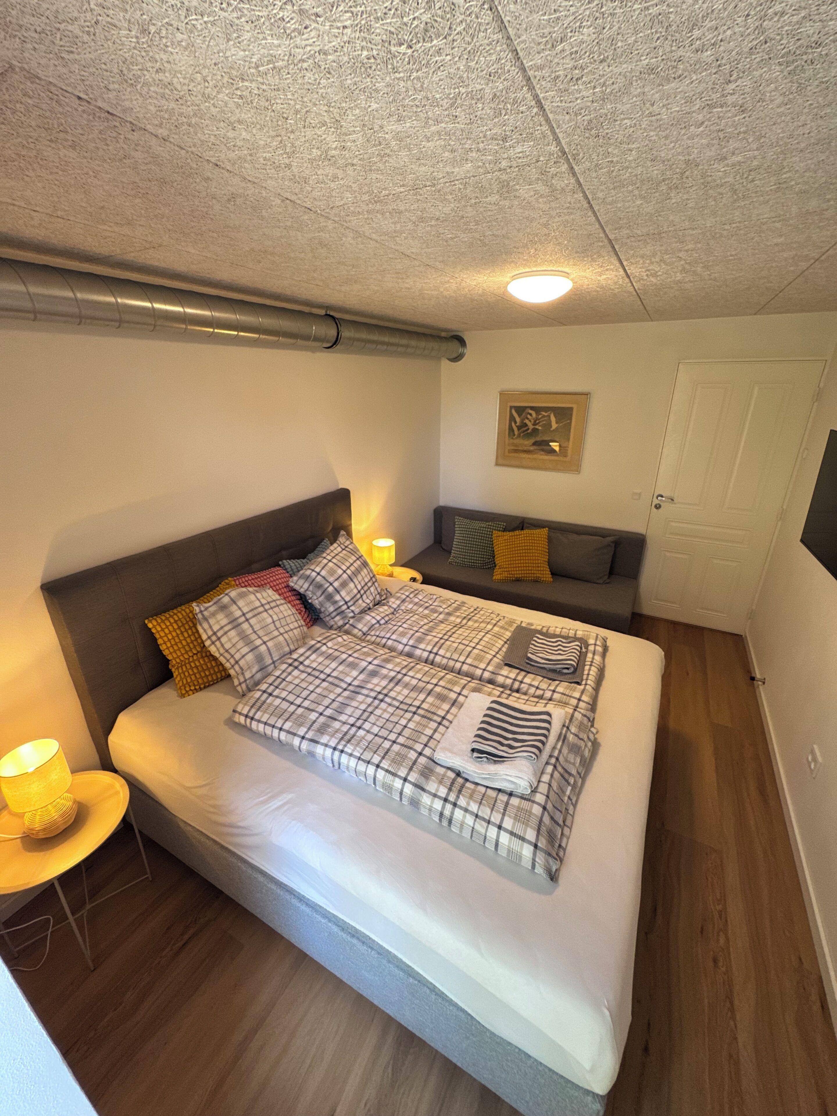 A bedroom with a bed, a bedside table with a lamp, a sofa, a door, and a framed picture on the wall.