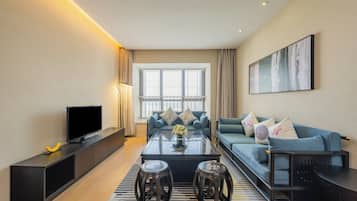 Minibar, desk, laptop workspace, blackout curtains