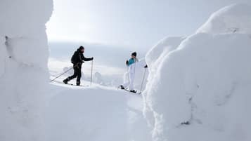 Lumipeitteinen maisema, jossa kaksi ihmistä hiihtää.