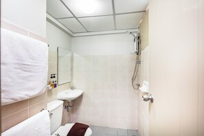 Een compacte badkamer met toilet, wastafel en douche.
