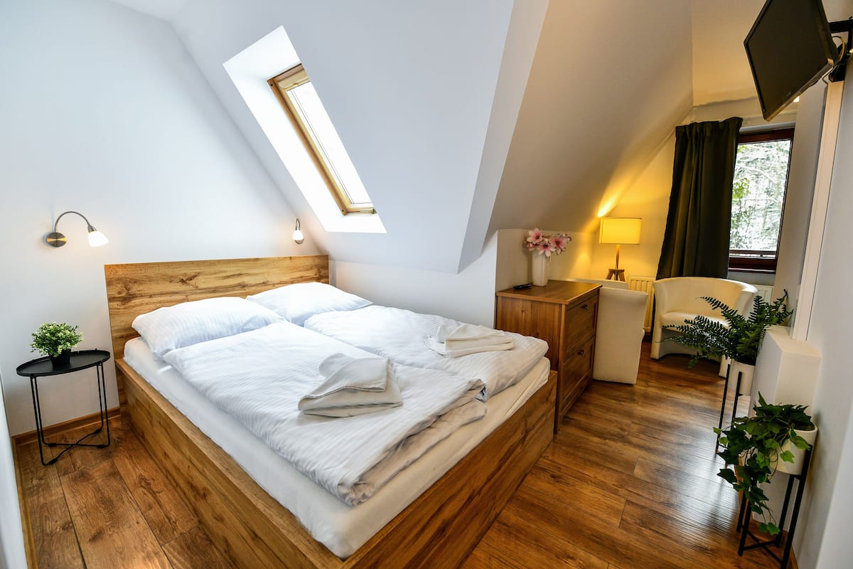 A modern bedroom with a wooden bed, a skylight, a bedside table with a lamp, a chair, and a potted plant.