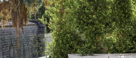 A rooftop terrace with a seating area, a table with a book and a bottle, and a view of a lush green tree and a stone wall.